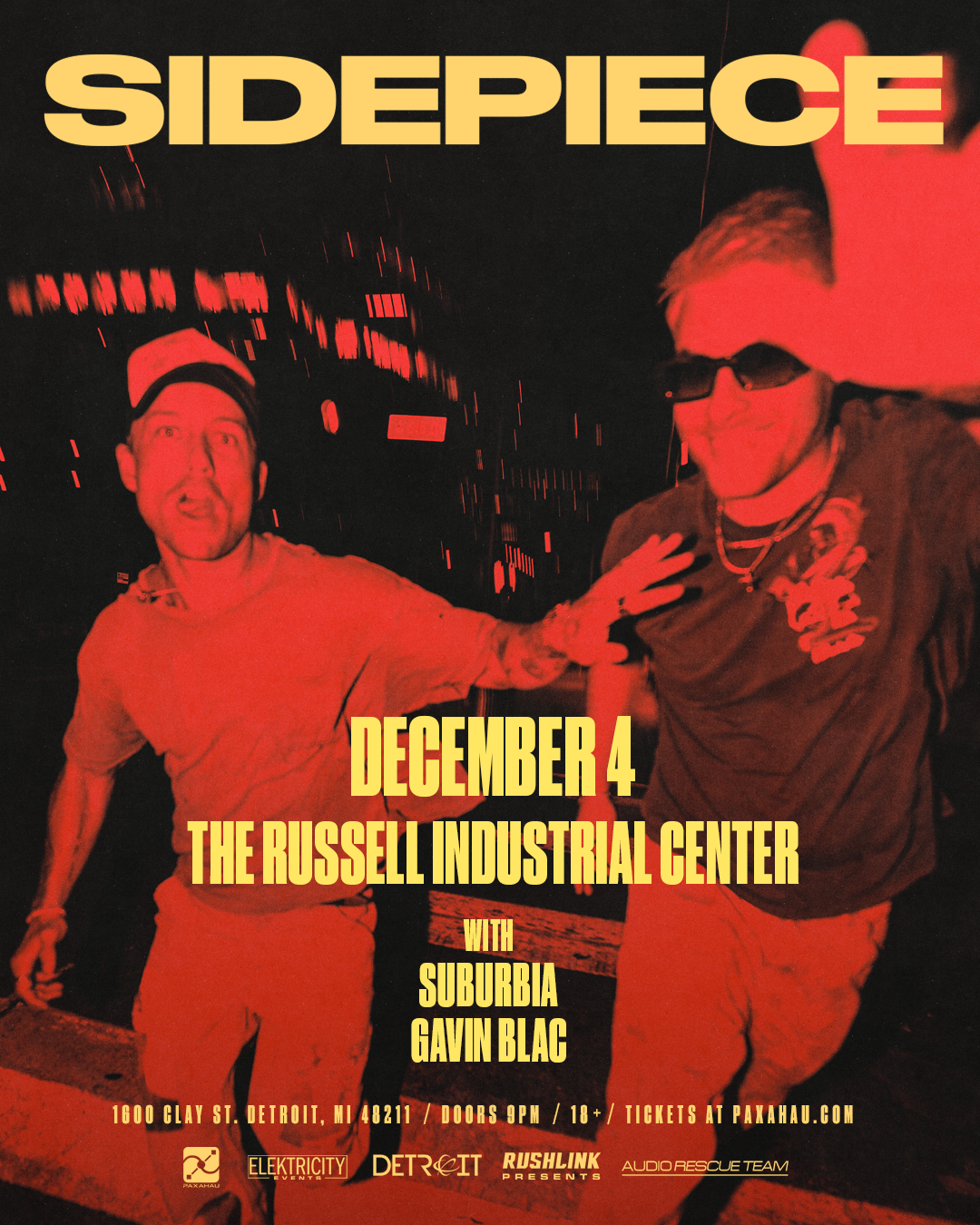SIDEPIECE at Russell Industrial Center on December 4, with Suburbia and Gavin Blac